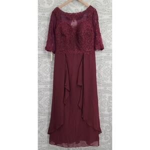 Formal Maroon evening gown lace embroidered floral Size 16W Wedding party MOTB